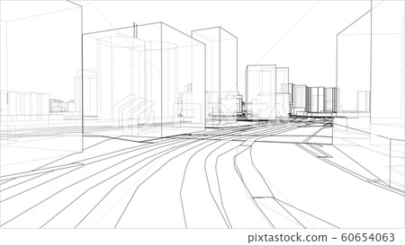 Sketch of 3D city with buildings and roads. Vector 60654063