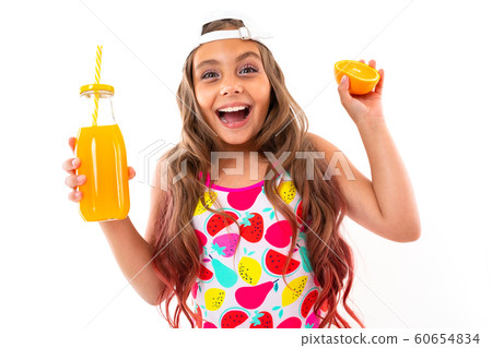 Teenager caucasian girl in glasses with fruits isolated on white background 60654834