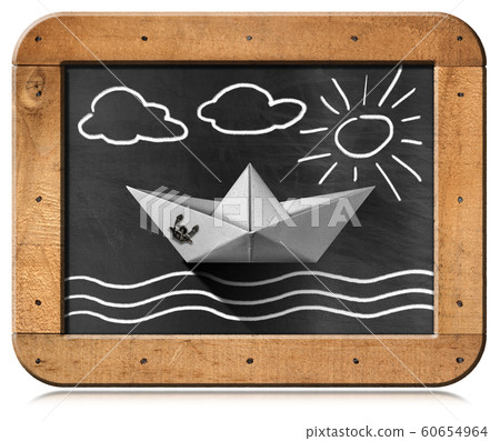 Paper boat floating in the sea - Blackboard with chalk illustration Paper boat floating in the sea - Blackboard with chalk illustration 60654964