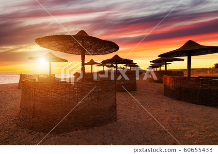 Sunset at the beach with palm trees, parasols and sunbeds. Sunset at the beach with palm trees, parasols and sunbeds. 60655433