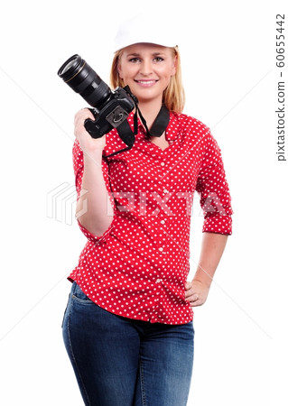 pretty blonde woman photographer with her camera, pretty blonde woman photographer with her camera, 60655442