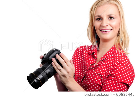 pretty blonde woman photographer with her camera, pretty blonde woman photographer with her camera, 60655443