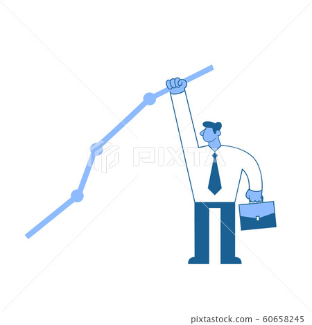 Businessman in white shirt reaching out to the highest point on the graph. Achieving goals. Race for success. Concept flat vector illustration, isolated on white background. Businessman in white shirt reaching out to the highest point on the graph. Achieving goals. Race for success. Concept flat vector illustration, isolated on white background. 60658245