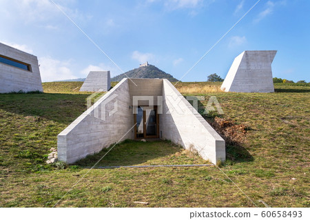 Concrete parts of Pavlov Archaeological park building on banks of Nove Mlyny water reservoir near Devicky castle ruins, South Moravia, Czech Republic 60658493