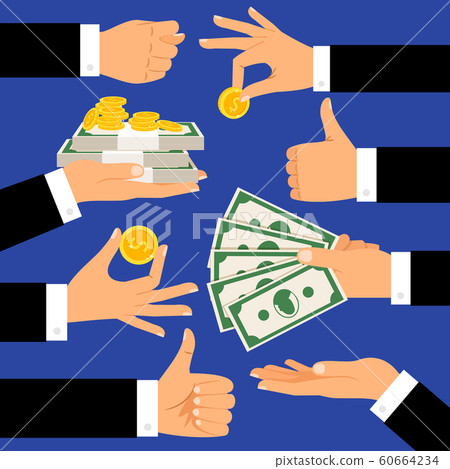 Money gestures. Hands holding money, dollars and coins 60664234