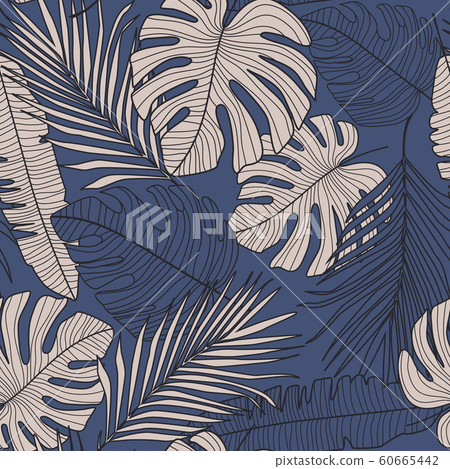 Seamless pattern with dark monstera line leaves on Seamless pattern with dark monstera line leaves on 60665442
