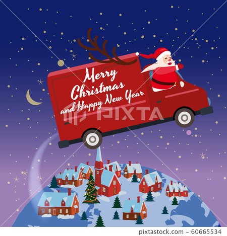 Merry Chrismas Santa Claus Van flies through the night sky above the Earth winter town delivering gifts. Flat cartoon style vector illustration greeting card poster banner Merry Chrismas Santa Claus Van flies through the night sky above the Earth winter town delivering gifts. Flat cartoon style vector illustration greeting card poster banner 60665534