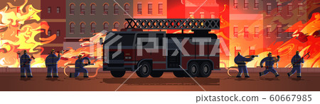 firemen near fire truck getting ready to extinguishing fire firefighters in uniform and helmet firefighting emergency service concept burning building exterior orange flame background horizontal firemen near fire truck getting ready to extinguishing fire firefighters in uniform and helmet firefighting emergency service concept burning building exterior orange flame background horizontal 60667985