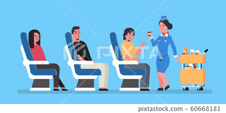 flight attendant serving drinks to airplane board passengers sitting in armchairs stewardess in uniform pushing trolley cart professional service travel concept full length horizontal flat flight attendant serving drinks to airplane board passengers sitting in armchairs stewardess in uniform pushing trolley cart professional service travel concept full length horizontal flat 60668181