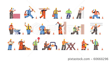 set male builders with professional equipment during different building activity busy construction workmen in uniform flat full length horizontal 60668296