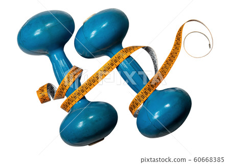 Dumbbells and tape measure isolated on white background Dumbbells and tape measure isolated on white background 60668385