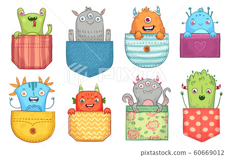 Cartoon pocket monster. Funny monsters in pockets, scary halloween creatures and little boo monster vector illustration set Cartoon pocket monster. Funny monsters in pockets, scary halloween creatures and little boo monster vector illustration set 60669012
