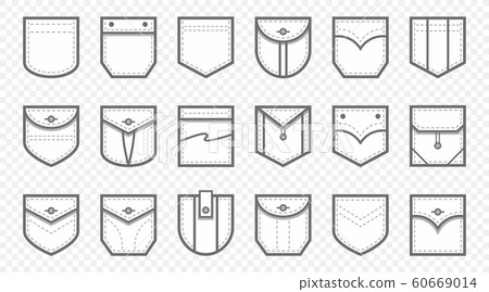 Patch pocket. Uniform clothes pockets patches with seam, patched denim pocket line icon vector set 60669014