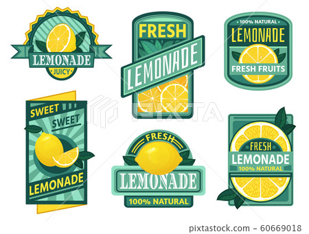 Lemonade badge. Lemon syrup, fresh lemonades emblems and lemons fruits juice drink vintage badges vector set 60669018