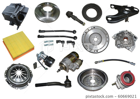 Auto spare parts car on the white background. Set with many isolated items for shop or aftermarket Auto spare parts car on the white background. Set with many isolated items for shop or aftermarket 60669021