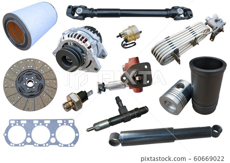 Auto spare parts car on the white background. Set with many isolated items for shop or aftermarket 60669022