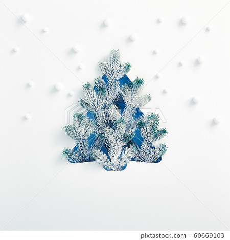 Xmas tree shape made of snowy fir branch with abstract snowfall pattern Xmas tree shape made of snowy fir branch with abstract snowfall pattern 60669103