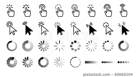Pointer click icon. Clicking cursor, pointing hand clicks and waiting loading icons vector collection 60669104