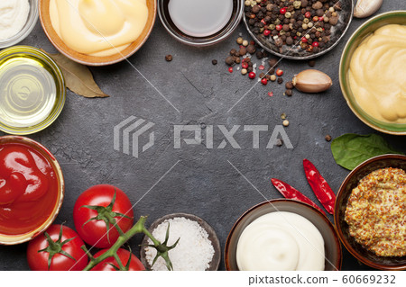 Set of various sauces. Popular sauces in bowls 60669232