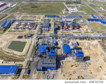 Plant for the production of liquefied natural gas. Construction of a factory for pumping liquefied gas. Aerial shooting with a drone. 60670700