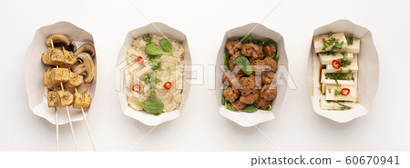 Quinoa, tempeh, soymeat and tofu in paper portion plates 60670941
