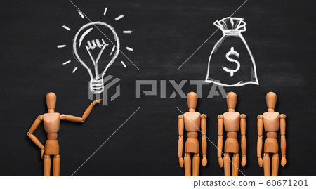 Man holding light bulb, group of people with money baggage 60671201