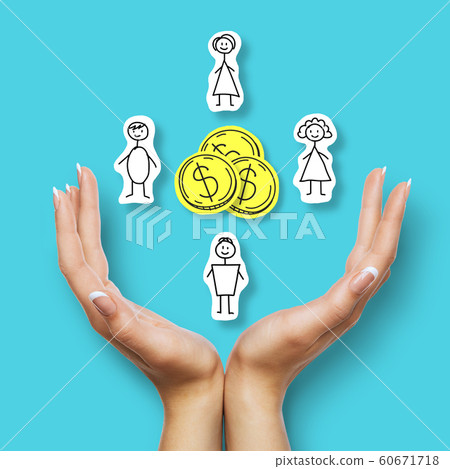 Hands holding paper people and dollar coins over blue background Hands holding paper people and dollar coins over blue background 60671718