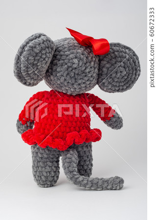 Plush mouse with a red bow on its head, Rear view 60672333