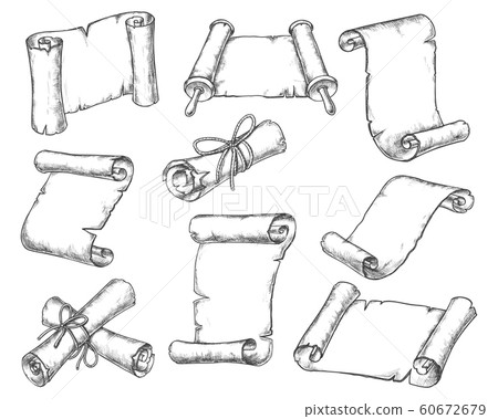 Medieval paper scrolls, manuscript sketch icons 60672679
