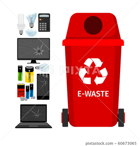 Red garbage can with e-waste elements 60673065