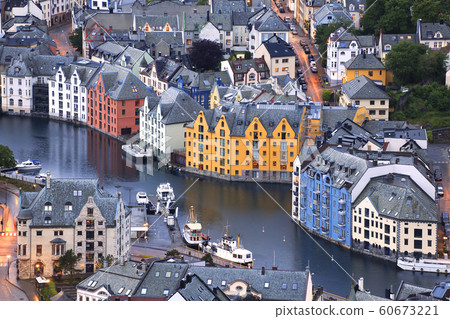 Alesund skyline architecture at dusk, Norway 60673221