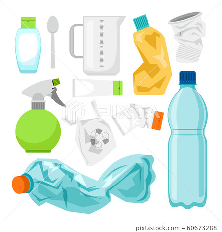 Plastic waste collection on white. Plastic bottles and another garbage, non-recyclable trash Plastic waste collection on white. Plastic bottles and another garbage, non-recyclable trash 60673288