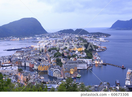 Alesund skyline architecture at dusk, Norway Alesund skyline architecture at dusk, Norway 60673306