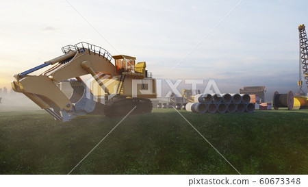 Construction site with tractors and cranes, industrial landscape in a summer day. The concept of construction. 3D Rendering 60673348