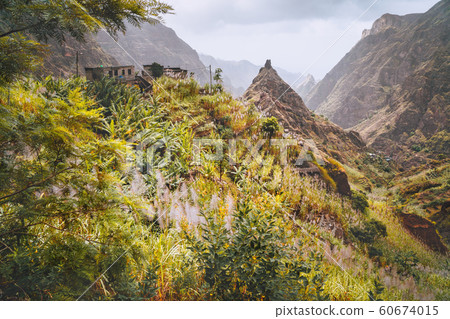 Santo Antao, Cape Verde. Hiking trail path leading between mountains into Xo-Xo valley with scenic impressive landscape 60674015