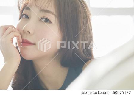 Young woman, morning, dress, sofa, living room, room, house, beauty Young woman, morning, dress, sofa, living room, room, house, beauty 60675127