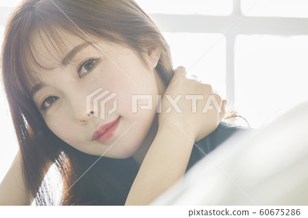 Young woman, morning, dress, sofa, living room, room, house, beauty 60675286