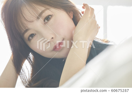 Young woman, morning, dress, sofa, living room, room, house, beauty 60675287