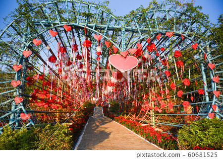 Red heart paper cut and ribbon hanging on the love Red heart paper cut and ribbon hanging on the love 60681525