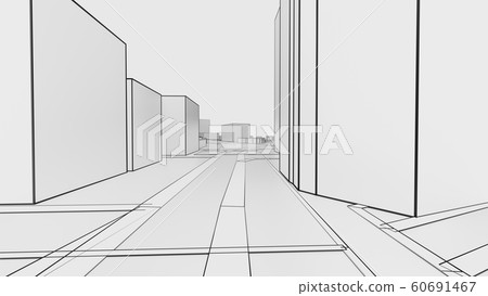 Sketch of a 3D white city with buildings and roads Sketch of a 3D white city with buildings and roads 60691467