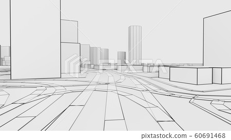 Sketch of a 3D white city with buildings and roads Sketch of a 3D white city with buildings and roads 60691468