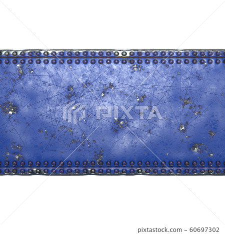 Strip of metal with rivets painted blue in the shape of a rectangle in the center on white background 3d 60697302