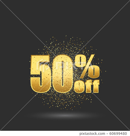 Fifty percent discount.Gold glitter particles on the background Golden numbers. 60699480