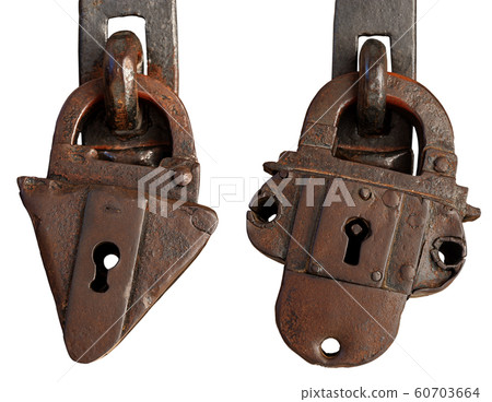Two ancient rusty padlocks with keyhole isolated on white 60703664