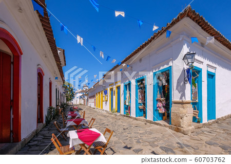 Colorful houses of historical center in the colonial city of Paraty, Rio de Janeiro, Brazil 60703762