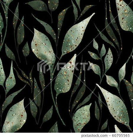 Green leaves and branches seamless pattern on black Green leaves and branches seamless pattern on black 60705565