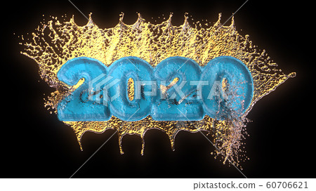 Happiness for the New Year 2020 lettering made my blue ceramic with water splashes. Isolated on black background 3d illustration Happiness for the New Year 2020 lettering made my blue ceramic with water splashes. Isolated on black background 3d illustration 60706621