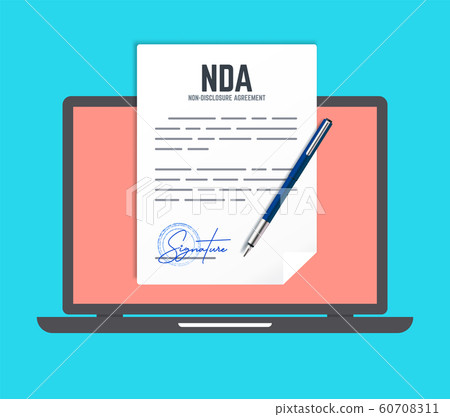Non-Disclosure Agreement document with stamp and signature and laptop in flat style. NDA with pen. Non-Disclosure Agreement document with stamp and signature and laptop in flat style. NDA with pen. 60708311