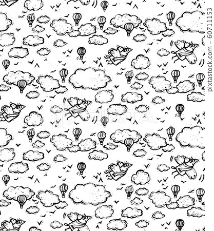 Doodles fly bird sky clouds black and white seamless pattern Doodles fly bird sky clouds black and white seamless pattern 60711153