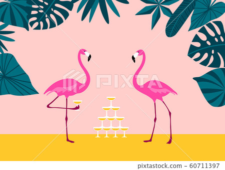 Pink Flamingo drinking margarita from champagne tower on tropical beach. Exotic birds. Pink Flamingo drinking margarita from champagne tower on tropical beach. Exotic birds. 60711397